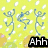 Pixelated stick figures dance against a yellow background with white dots, transitioning to green and pink floral patterns while text changes from "Ahh" to "Yahh".