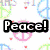 Pixelated icon with 'Peace!' text over peace symbols and hearts, transitioning to 'Love!' in a heart-shaped frame with colorful splatters.