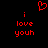 Red pixelated text and heart symbol on black background, with 'i love youh' repeated twice and a heart above the text.