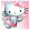 A light blue cat with a pink bow holds a pink flower against a pink background.