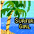 Pixelated static icon showing a beach scene with palm tree and text "SURFER GIRL" in yellow block letters on black background.