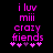 Pixelated pink text on black background reads 'i luv miii crazy fiends' with five stars below, show star color variation