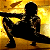 Silhouette of a figure holding a long object against a pixelated yellow-orange background with gradient lighting.