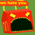 Red pixelated object with yellow accents and dark arched opening, set against green background.