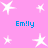 Pink background with white star shapes and blue text reading "Em!ly" in four positions.