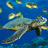Animated underwater scene with three sea turtles swimming left to right against a blue background of yellow fish and coral.