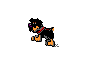 Pixelated dog avatar in multiple poses on gray background, black and tan fur with red collar, animated sequence showing movement from standing to lying down.