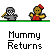 Animated contact sheet showing 16 frames of a pixel art buddy icon featuring two characters: a gray mummy and a yellow figure with red headwear, performing various actions including holding objects and interacting.