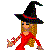Pixel art animation featuring a witch character in red dress and black hat with red band, performing motion across frames with text "Happy Fright Day!" below.