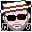 Pixelated avatar with white-and-brown striped headband, black sunglasses, gray beard, and pink skin showing mouth opening and closing across frames.