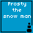 Blue square icon with white pixelated text 'Frosty the snow man' and a black pixelated snowman figure at bottom right.