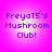 Four identical circular icons with pink gradient backgrounds display purple pixelated text reading "FreyaT5's Mushroom Club!" in three lines.
