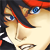 Pixelated close-up of a character with black hair, blue eyes, and a red headband, wearing a black and white outfit with a visible necklace.