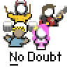 Pixel art contact sheet showing three frames of an animated buddy icon with four cartoon characters and text elements on a gray background.
