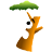 Pixelated orange creature with large white eye and black pupil holds green umbrella above its head against gray background.