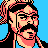 Pixelated static icon of a man with dark hair, mustache, and beard against blue background, rendered in limited color palette with dithering effects.