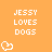 Pixelated orange background with white text 'JESSY LOVES DOGS' and three heart icons in different positions.
