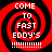 Red and black spiral background with white text reading "COME TO FAST EDDY'S" and multiple exclamation marks below.