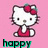 Pixelated Hello Kitty icon with red bow and dress on pink background, showing three text variations: 'happy', 'new', and 'year!!'