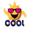 Pixelated sun icon with pink sunglasses and 'COOL' text below, showing animation frames where the head shifts slightly left to right across multiple views.