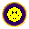Three circular pixelated icons with yellow smiley faces on purple backgrounds, each bordered by a gold ring; two show wide grins with visible teeth while one shows a simple smile.