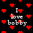Black background with scattered red pixelated hearts and repeated white text "I love bobby" in a blocky font.