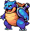 Pixel art of a blue and orange turtle-like creature with a brown shell, standing in profile against gray background.