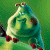 A pixelated green and blue cartoon character with red feet and hands, standing against a green background.