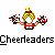 Pixelated cheerleader icon with blonde hair, red outfit, and pom-poms in two poses against gray background.