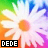 A pixelated daisy with white petals and an orange center against a rainbow gradient background, featuring 'DEDE' text in black and green boxes at the bottom left.