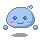 Pixelated blue character with rounded shape, pink cheeks, and small floating bubbles, shown in multiple expressions and poses on gray background.