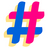 A static pixelated icon featuring overlapping blue and pink hash symbols with yellow outlines against a white background.