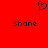 Red background with black pixelated heart symbol above two instances of the text 'Shane' in blocky font.