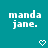 Teal background with repeated white text 'manda jane.' and changing pixelated symbols above a gray rectangle.