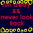 Pixelated icon with repeating yellow and red text elements on dark blue background, featuring 'run away', '&&', 'never look', 'Back' text in red and yellow, and yellow border-like shapes.