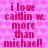 Pixelated pink text on a heart-patterned background repeats 'i love cairdin w. more than michael!' in two identical vertical
