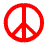 Red circular outline with internal line segments forming a peace symbol that progressively transforms into fragmented shapes