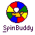 Pixelated circular icon with red, blue, yellow, and green segments surrounding a central white circle, with a yellow figure holding a white object, and 'SpinBuddy' text below.