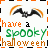 Animated Halloween-themed icon with a bat and text reading 'have a Spooky halloween' in orange, green, and brown pixelated letters.