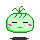 Pixelated green vegetable character with pink cheeks and closed eyes on left; same character crying blue tears with open mouth on right.