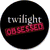 Black circular icon with 'twilight' text and red 'OBSESSED' banner, red 'Twilight' text on black background with white bunny ears, 'twilight' text on dark smoky background, red 'franksicons.com' banner over two figures, and group of figures in dark setting.