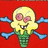 Pixelated cartoon skull with yellow hair, pink eyes, and a wide grin holding blue bones against red background.