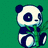 Pixelated panda icon with white face, dark blue ears and limbs, holding green bamboo against solid green background.