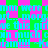 Pixelated text repeats across a green and pink checkered background with cyan lettering.