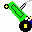 Animated sequence shows a green vehicle with black wheels and yellow hubs moving left to right, followed by a green rectangular object and a figure in brown, blue, and yellow clothing walking across a red line.