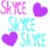 Pixelated 'SKYRE' text and heart symbols in purple, cyan, and pink hues across with no visible motion changes