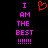 Static pixel art displays two identical text blocks with a red heart symbol above them on black background.