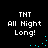 Pixelated text "TNT All Night Long!" on black background with cyan dots forming a curved line, animated in four