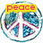 A pixelated circular icon with a yellow banner displaying 'pece' in red letters above a white peace symbol on a blue and green globe background.