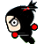 Pixelated character with black hair, red accents, and large eyes in two poses against gray background.